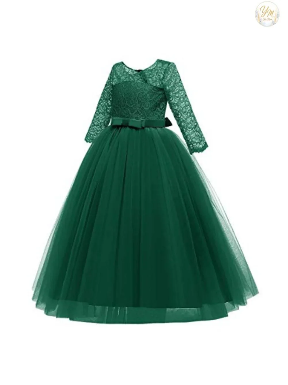 Girls Flower Girl Lace 3/4 Sleeve Wedding Princess Maxi Dress, High Waist, Back